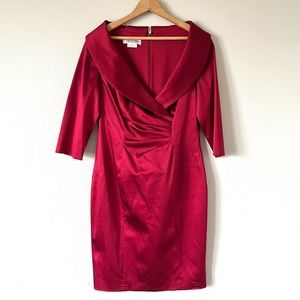 Kay Unger Natural Stretch Satin Shawl Collar Dress w/ Short Sleeve & Pleat Waist